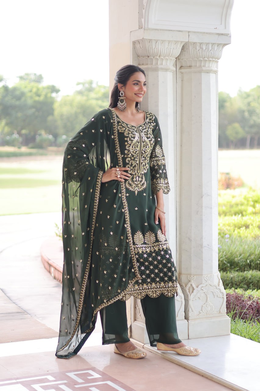 Green Faux Blooming Embroidered Kurti Pant Set