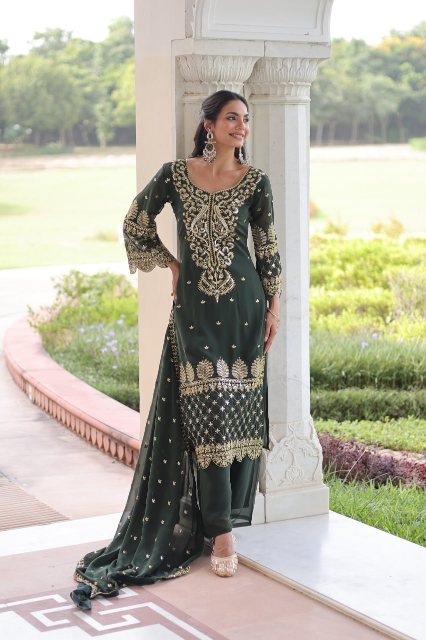 Green Faux Blooming Embroidered Kurti Pant Set