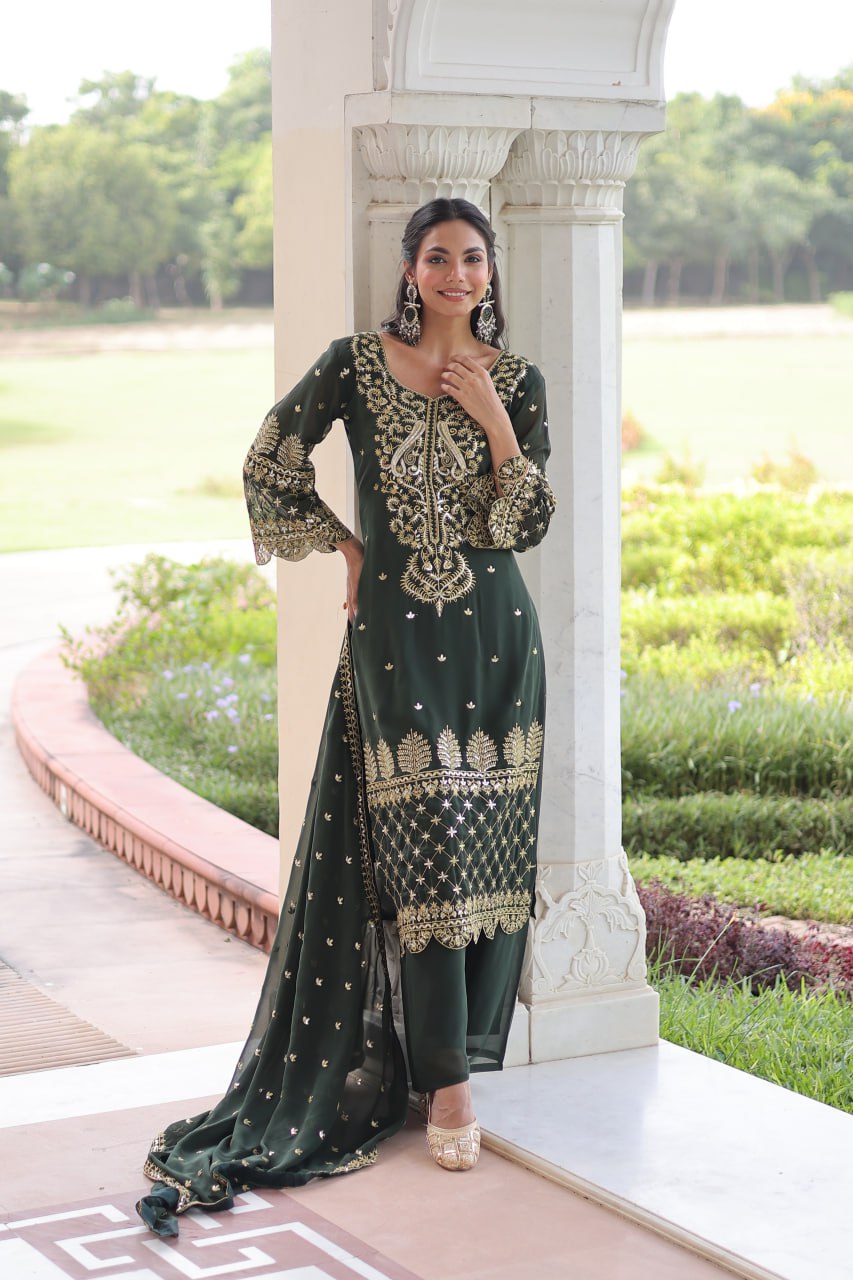Green Faux Blooming Embroidered Kurti Pant Set
