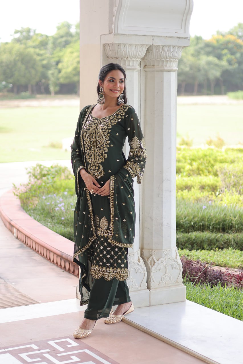 Green Faux Blooming Embroidered Kurti Pant Set
