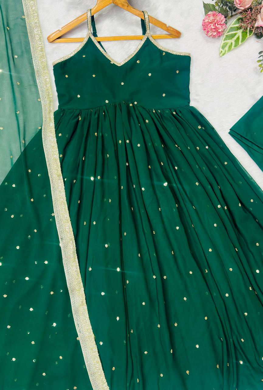 Green Faux Blooming Sequins Gown Pant Set with Dupatta