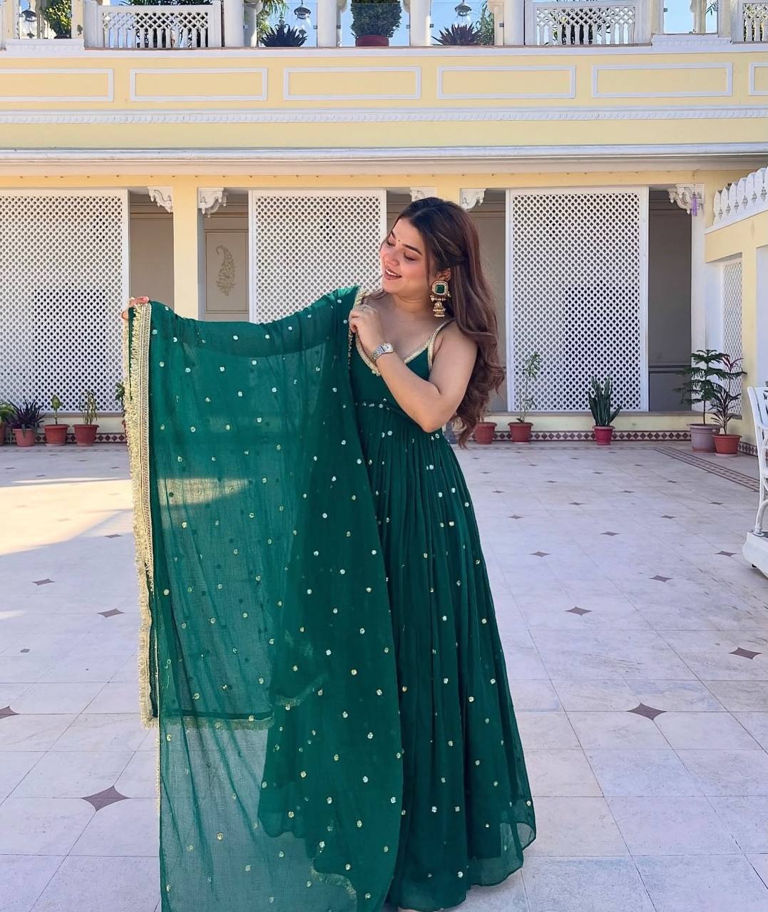 Green Faux Blooming Sequins Gown Pant Set with Dupatta