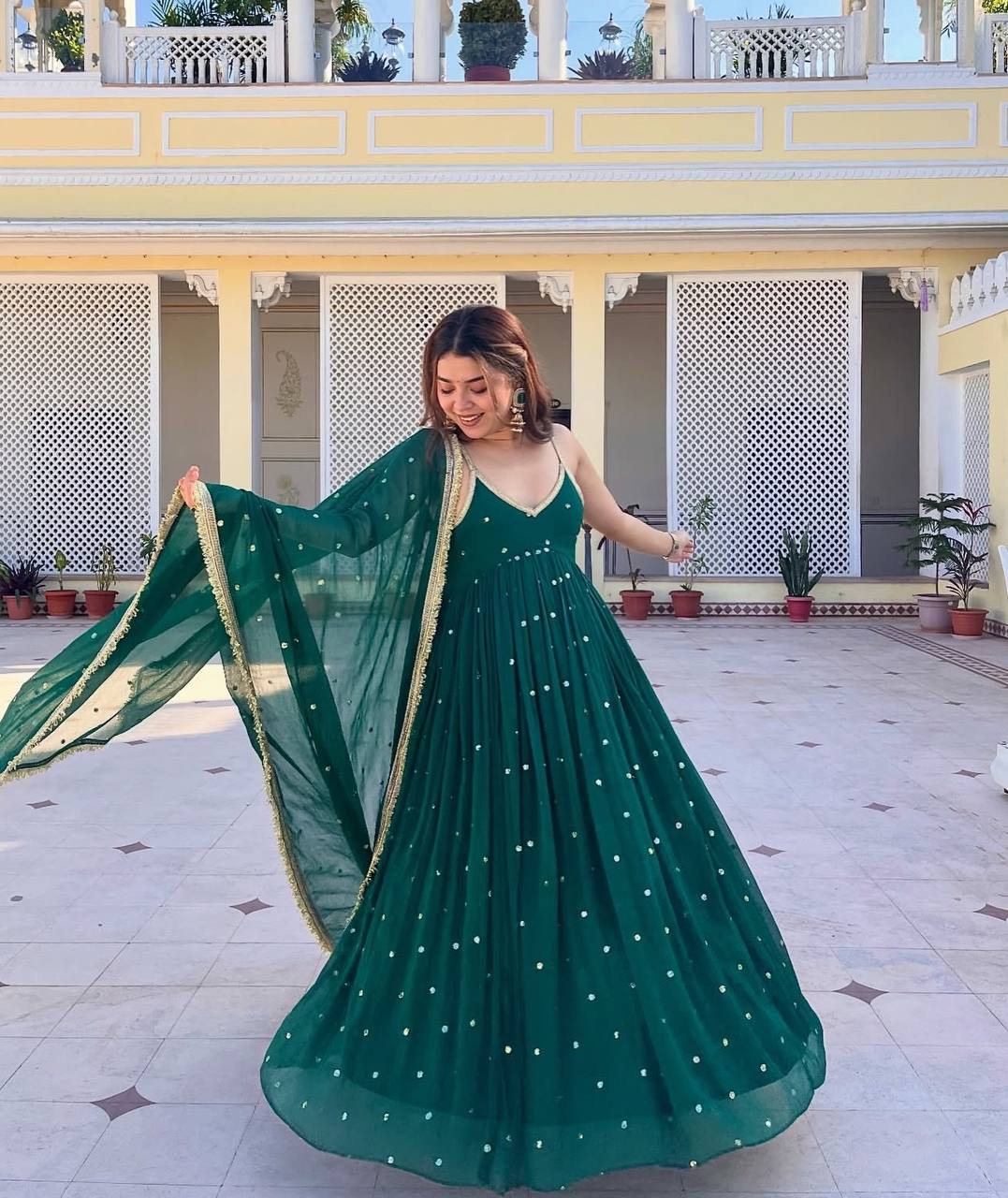Green Faux Blooming Sequins Gown Pant Set with Dupatta