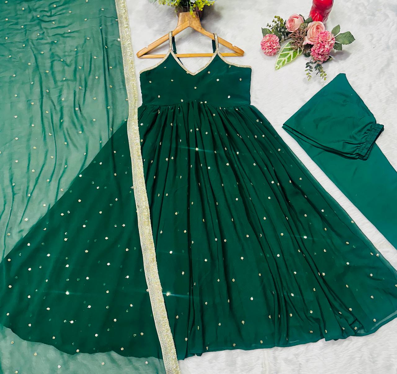 Green Faux Blooming Sequins Gown Pant Set with Dupatta