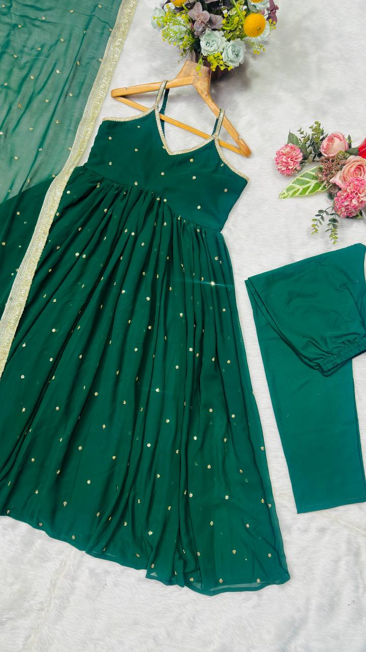 Green Faux Blooming Sequins Gown Pant Set with Dupatta