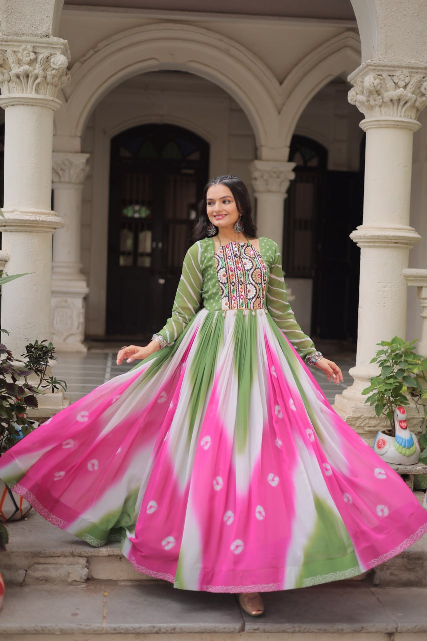 Green Faux Georgette Bandhej Print Gown with Gamthi Embroidery & Mirror Work