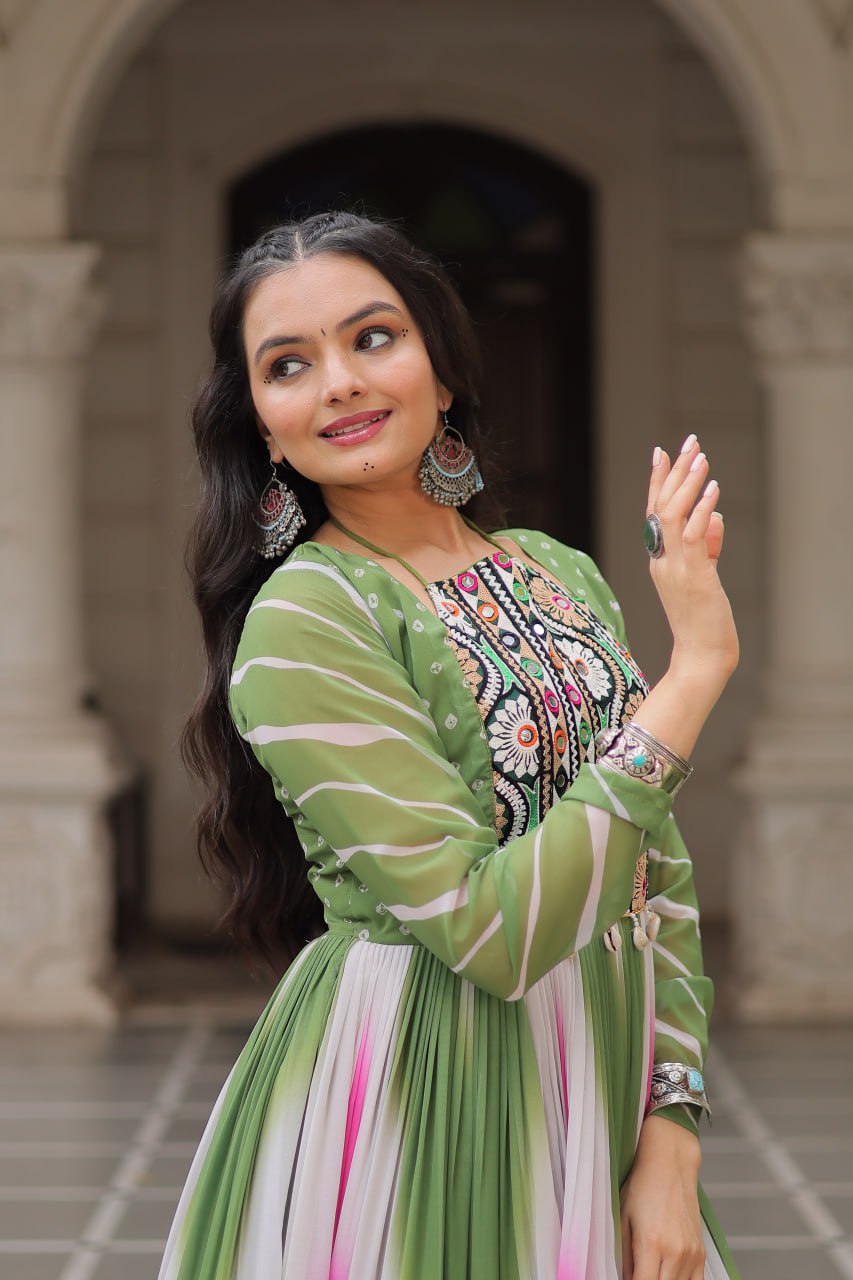 Green Faux Georgette Bandhej Print Gown with Gamthi Embroidery & Mirror Work
