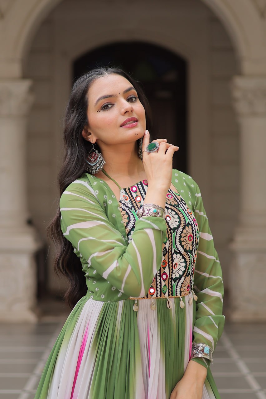 Green Faux Georgette Bandhej Print Gown with Gamthi Embroidery & Mirror Work
