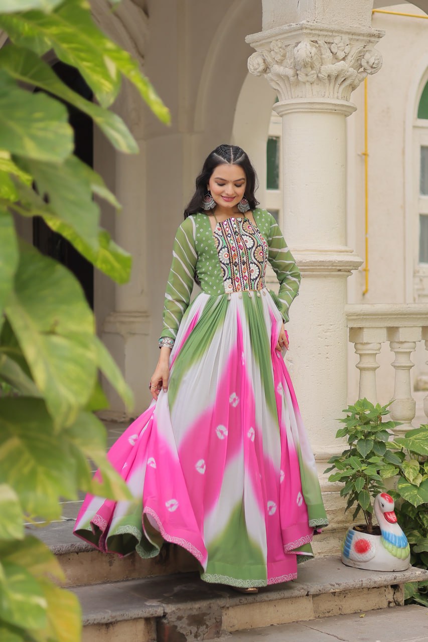Green Faux Georgette Bandhej Print Gown with Gamthi Embroidery & Mirror Work