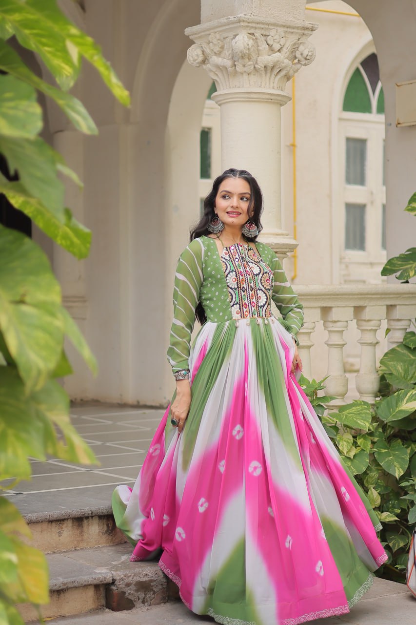 Green Faux Georgette Bandhej Print Gown with Gamthi Embroidery & Mirror Work