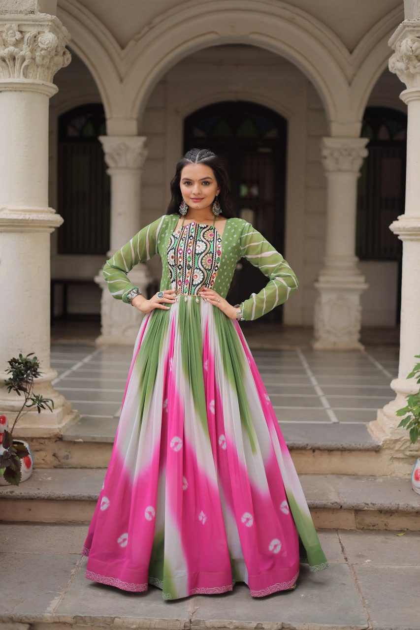 Green Faux Georgette Bandhej Print Gown with Gamthi Embroidery & Mirror Work