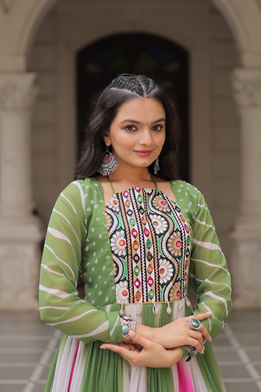 Green Faux Georgette Bandhej Print Gown with Gamthi Embroidery & Mirror Work