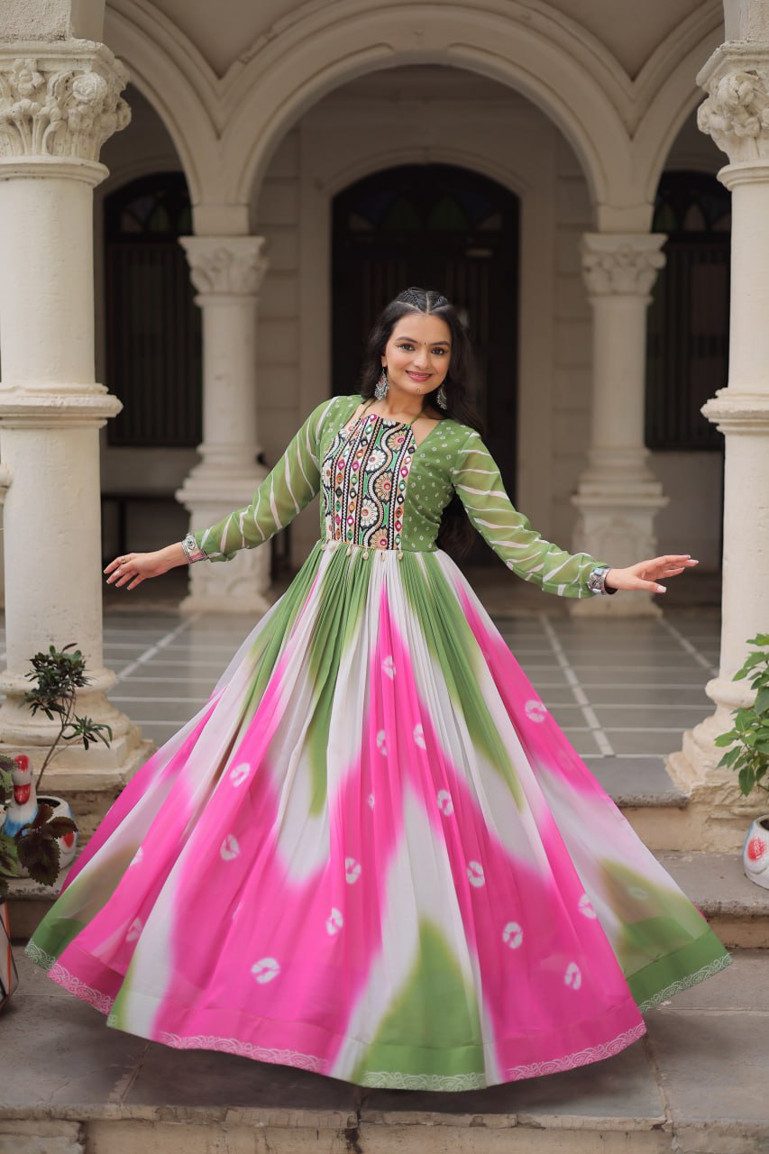 Green Faux Georgette Bandhej Print Gown with Gamthi Embroidery & Mirror Work