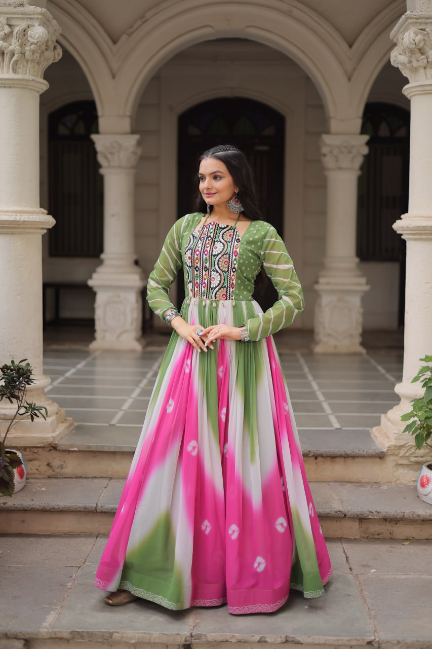 Green Faux Georgette Bandhej Print Gown with Gamthi Embroidery & Mirror Work