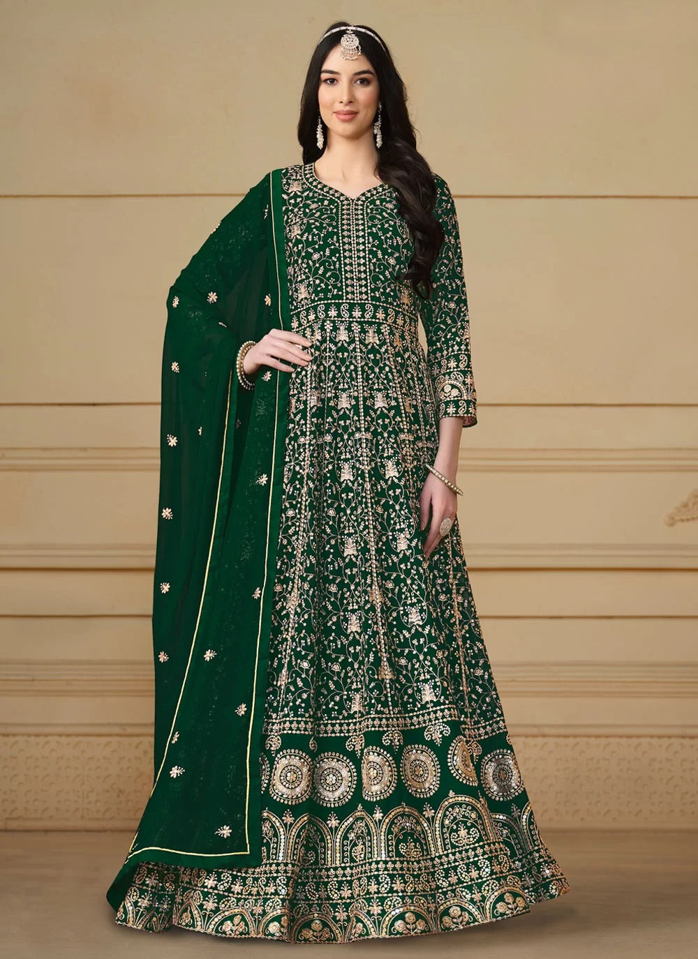 Elegant green faux georgette eid special anarkali suit with dupatta