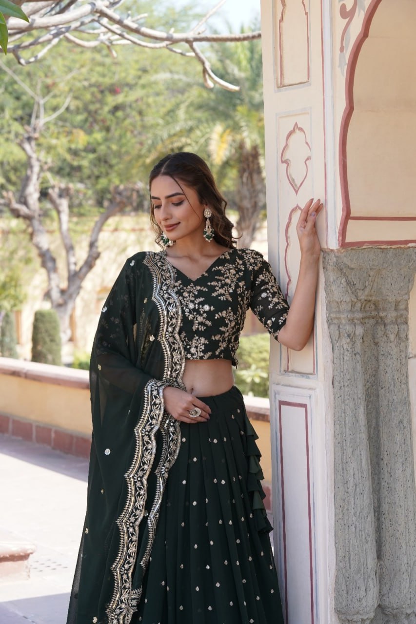 Green Shimmering Faux Georgette Lehenga Choli Set with Heavy Sequin Work