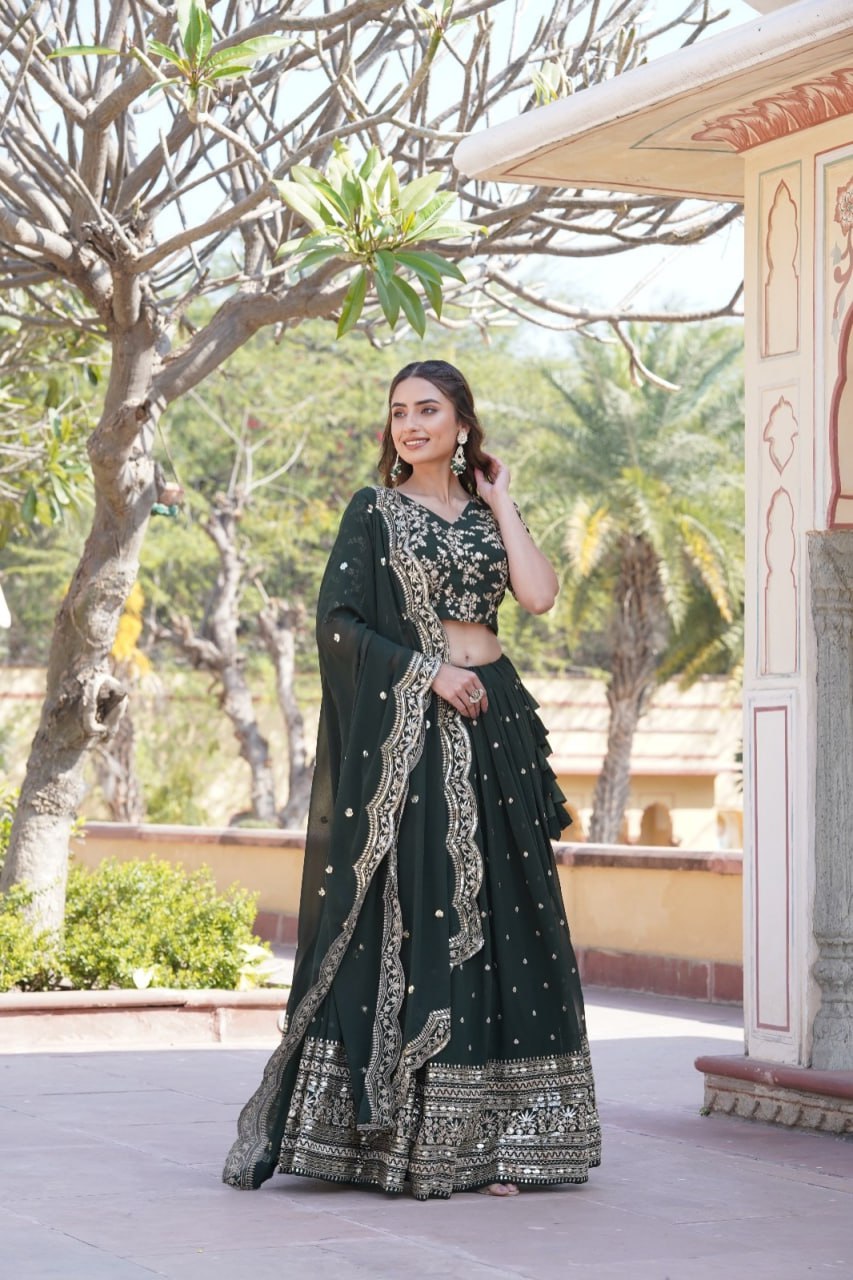 Green Shimmering Faux Georgette Lehenga Choli Set with Heavy Sequin Work