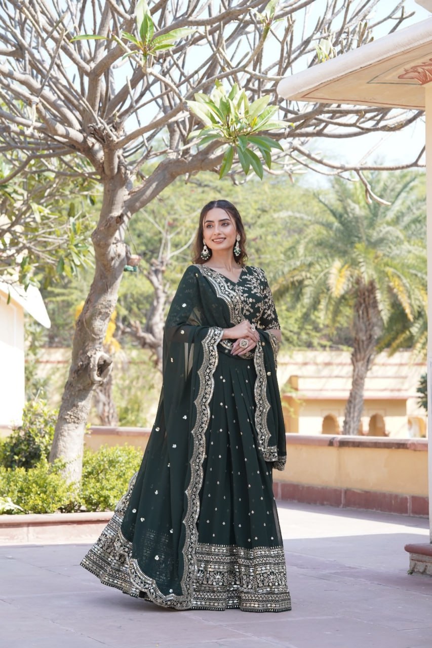 Green Shimmering Faux Georgette Lehenga Choli Set with Heavy Sequin Work
