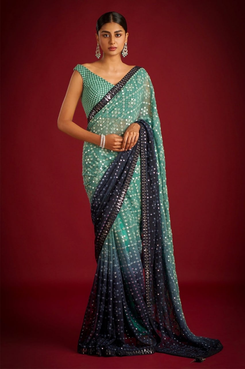 Green Faux Georgette Saree with Heavy Banglory Silk Blouse