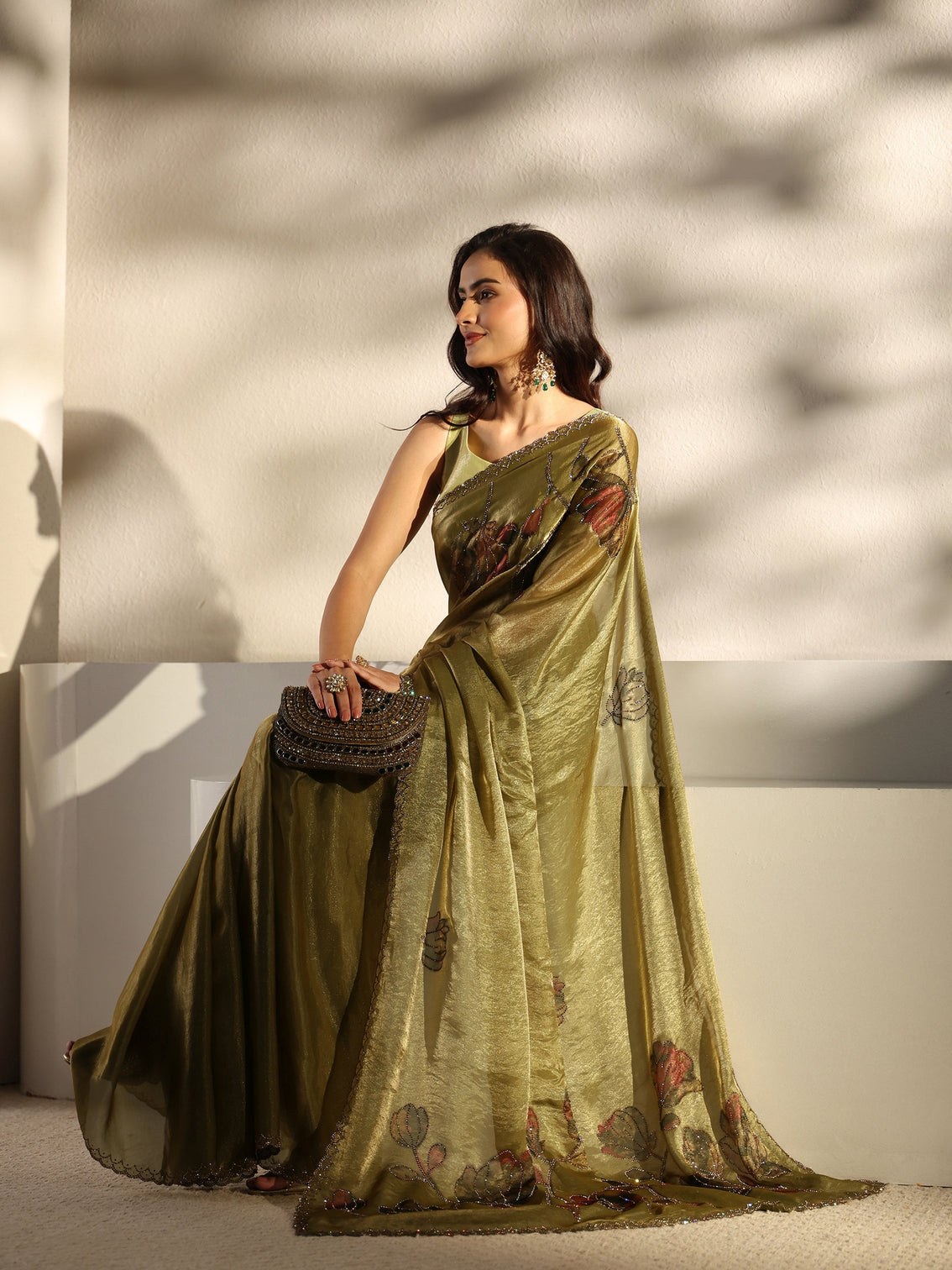 Mameraa Green Floral Embellished Tissue Saree With Unstitched Blouse Piece