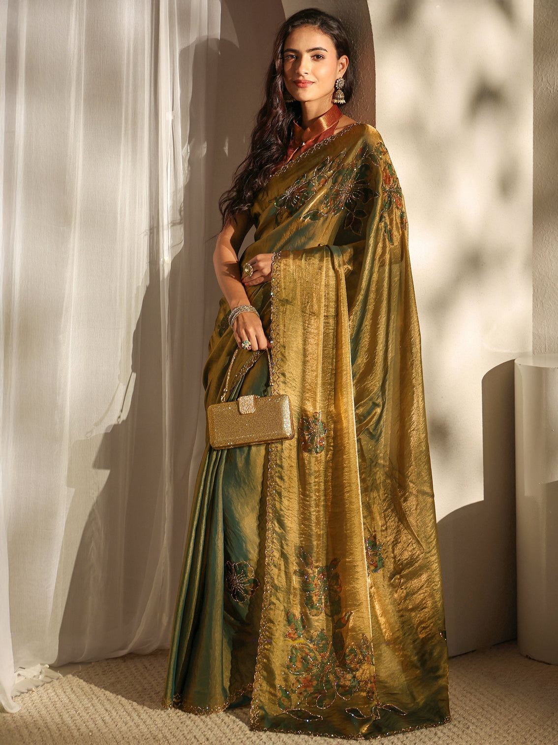 Mameraa Green Floral Embellished Tissue Saree With Unstitched Blouse Piece