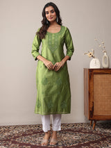 Libas Green Floral Embroidered Chanderi Silk Straight Kurta
