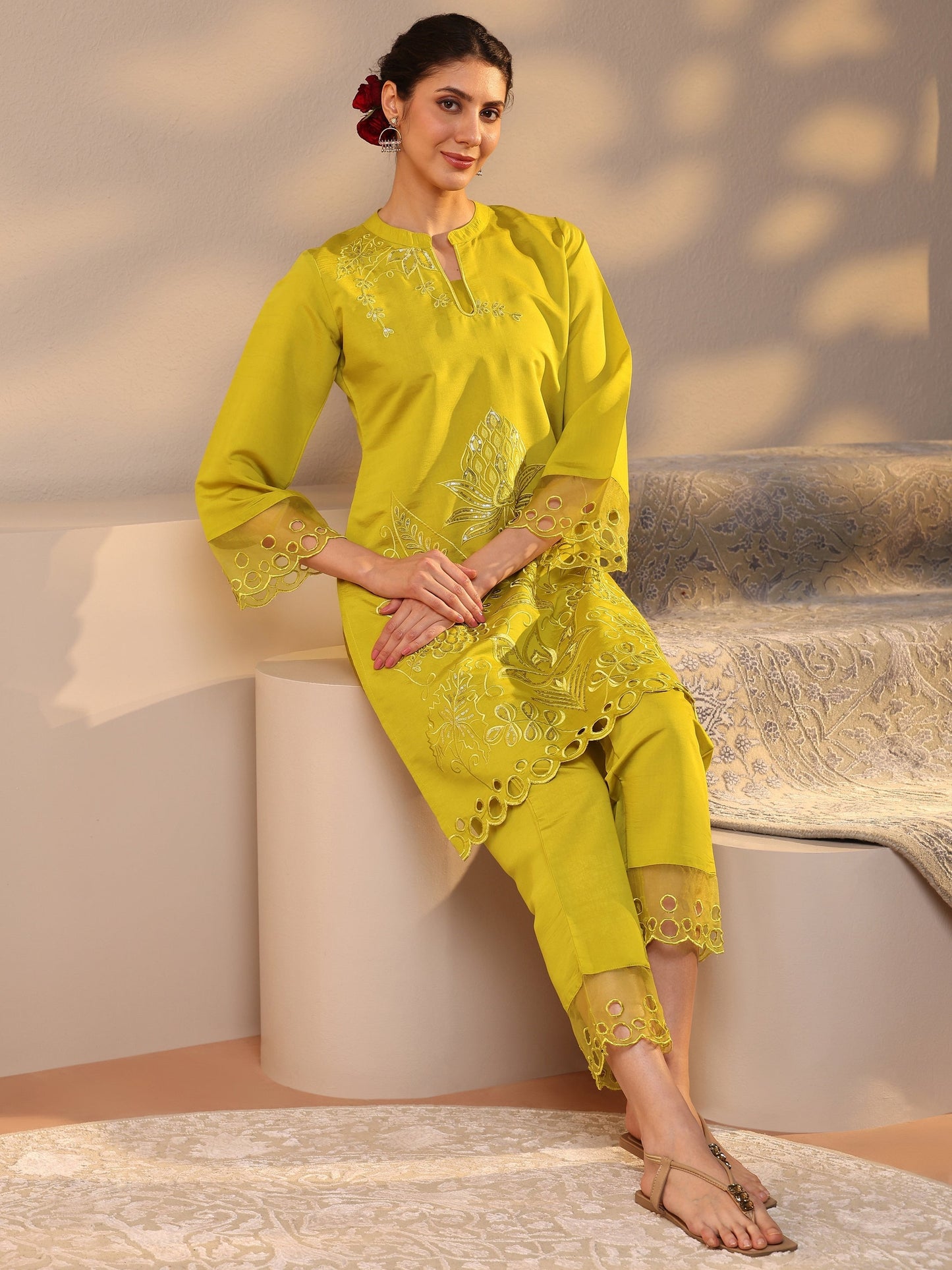 Libas Green Floral Embroidered Silk Blend Co-Ord Set
