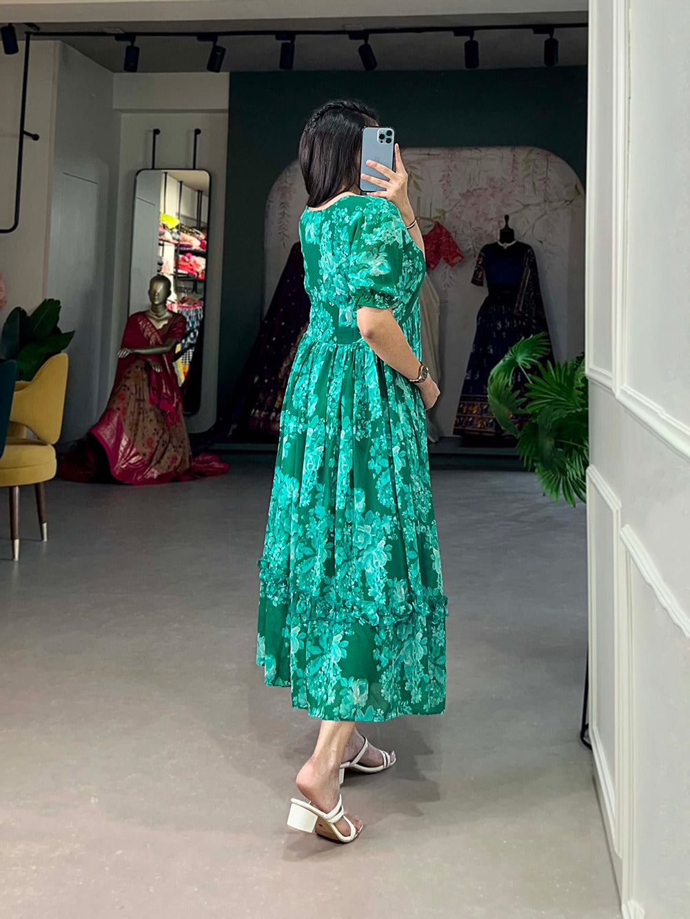 Green Floral Georgette Frock for Effortless Summer Style