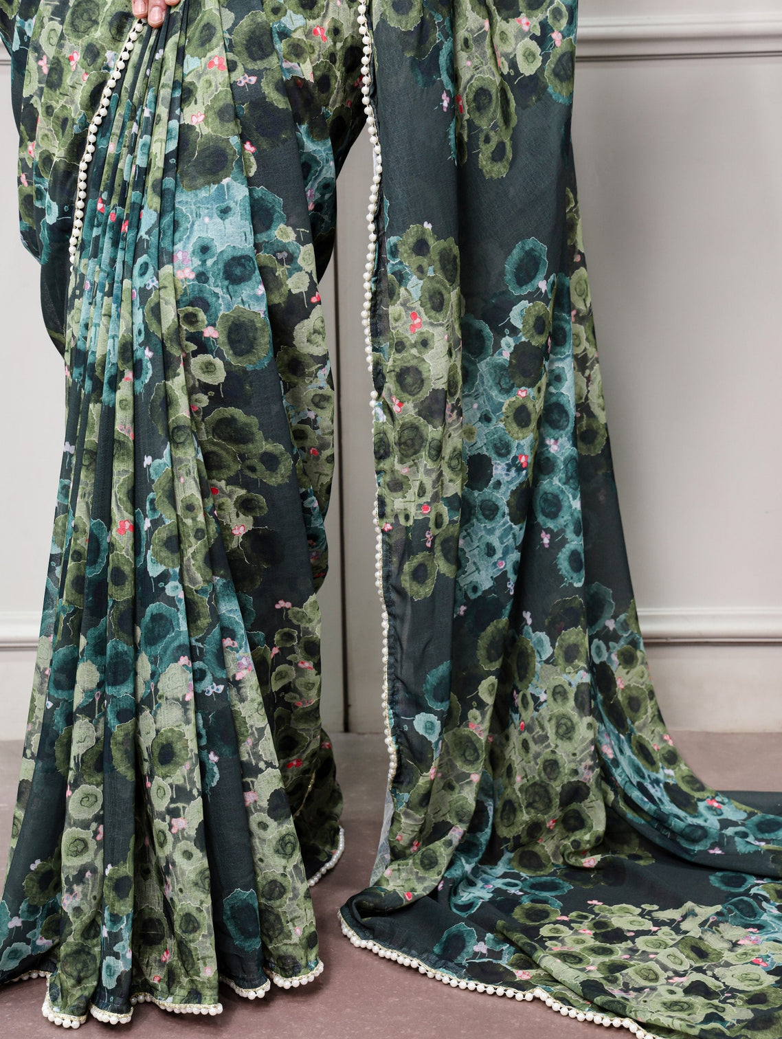 Green Floral Marble Drape Saree