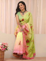 Libas Green Floral Printed Organza Saree