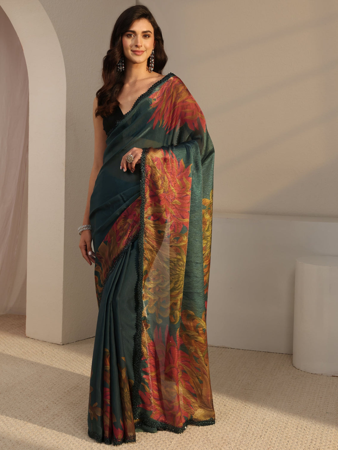 Mameraa Green Floral Printed Satin Saree With Unstitched Blouse Piece