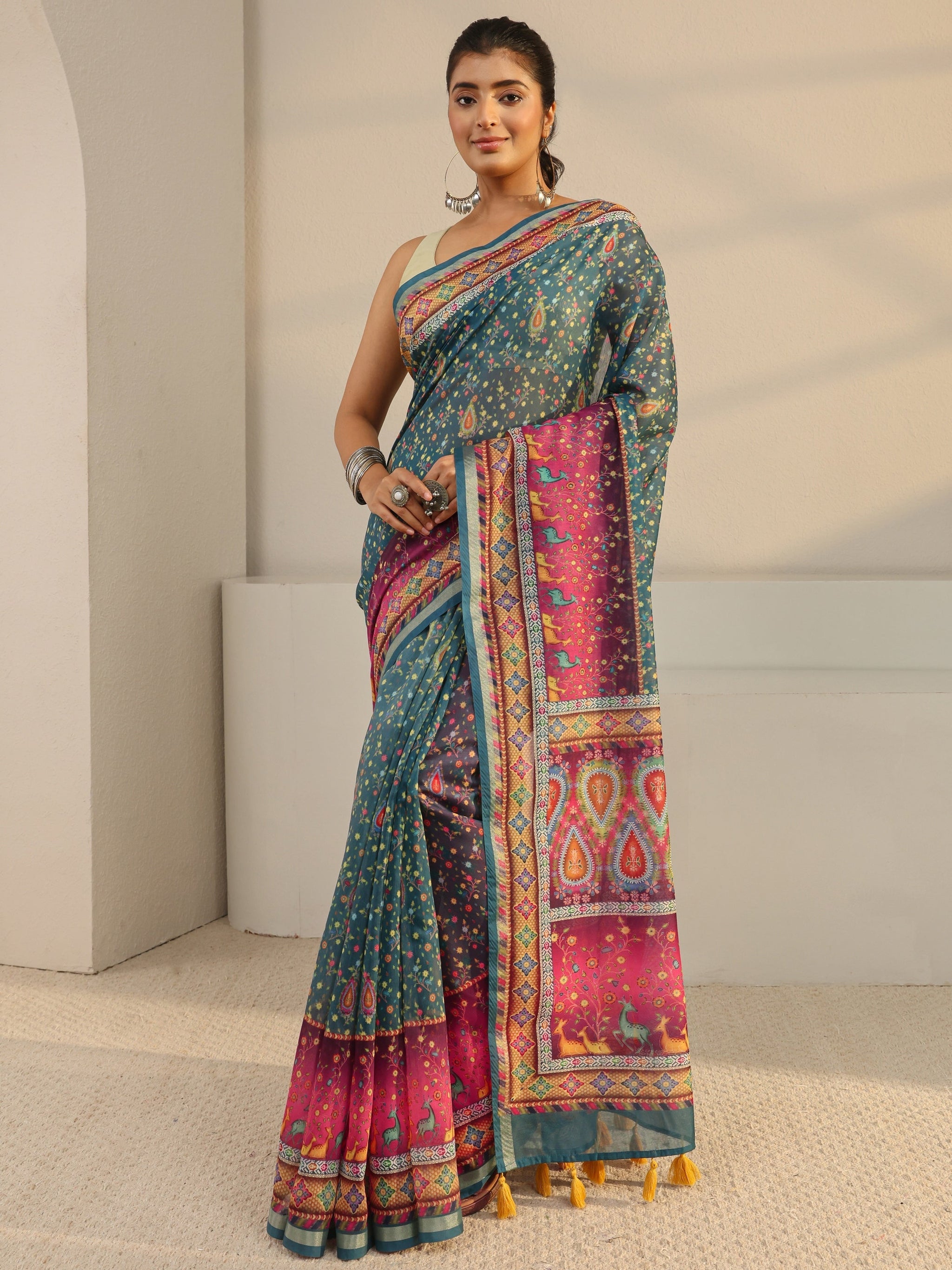 Libas Green Floral Printed Silk Blend Tassel Saree