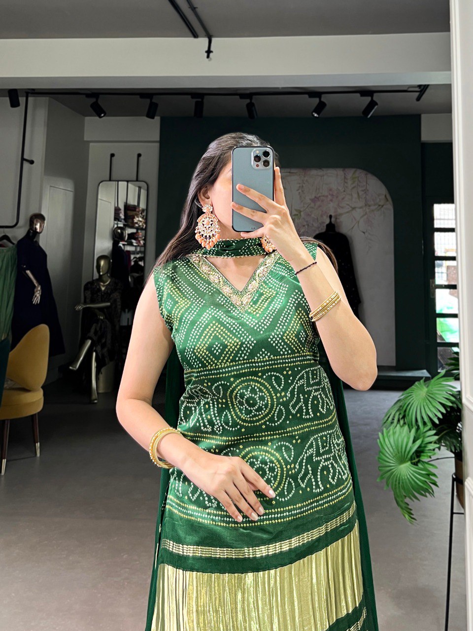 Green Gaji Silk Printed & Handwork Kurti Set with Georgette Plazo and Dupatta – Fully Stitched