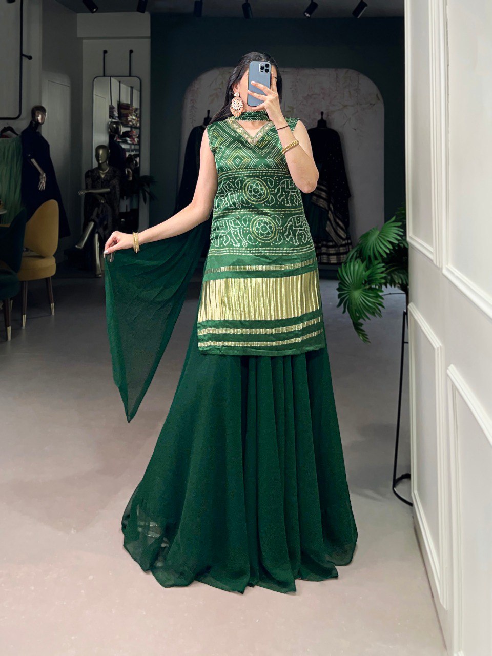 Green Gaji Silk Printed & Handwork Kurti Set with Georgette Plazo and Dupatta – Fully Stitched