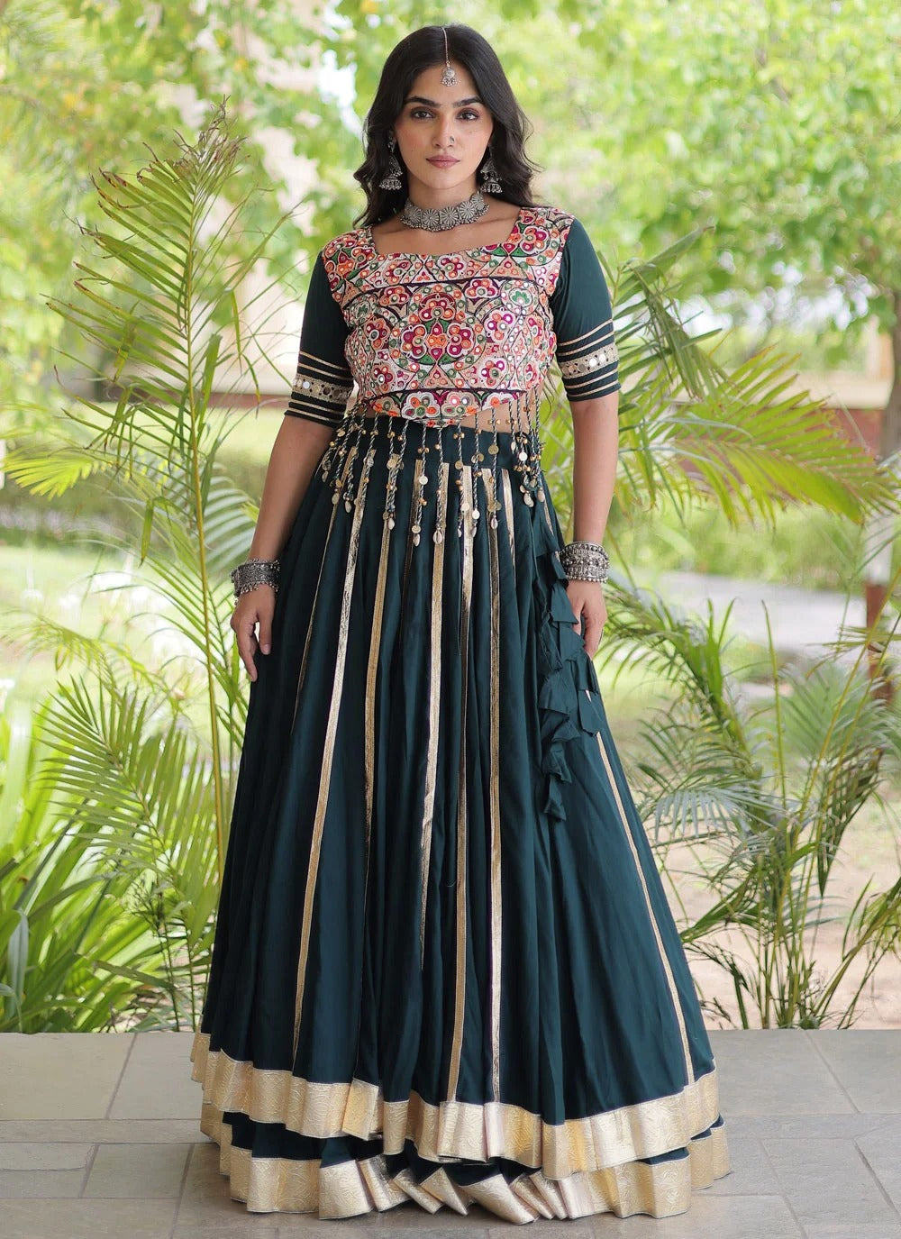 Green gamthi mirror work lehenga with gota patti lace