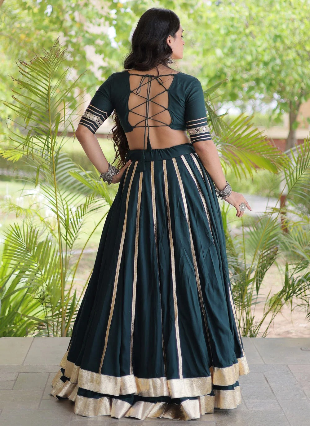 Green gamthi mirror work lehenga with gota patti lace