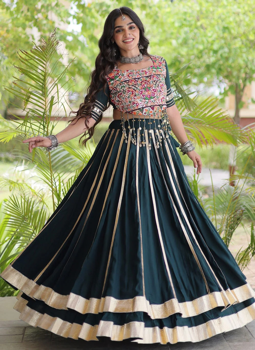 Green gamthi mirror work lehenga with gota patti lace