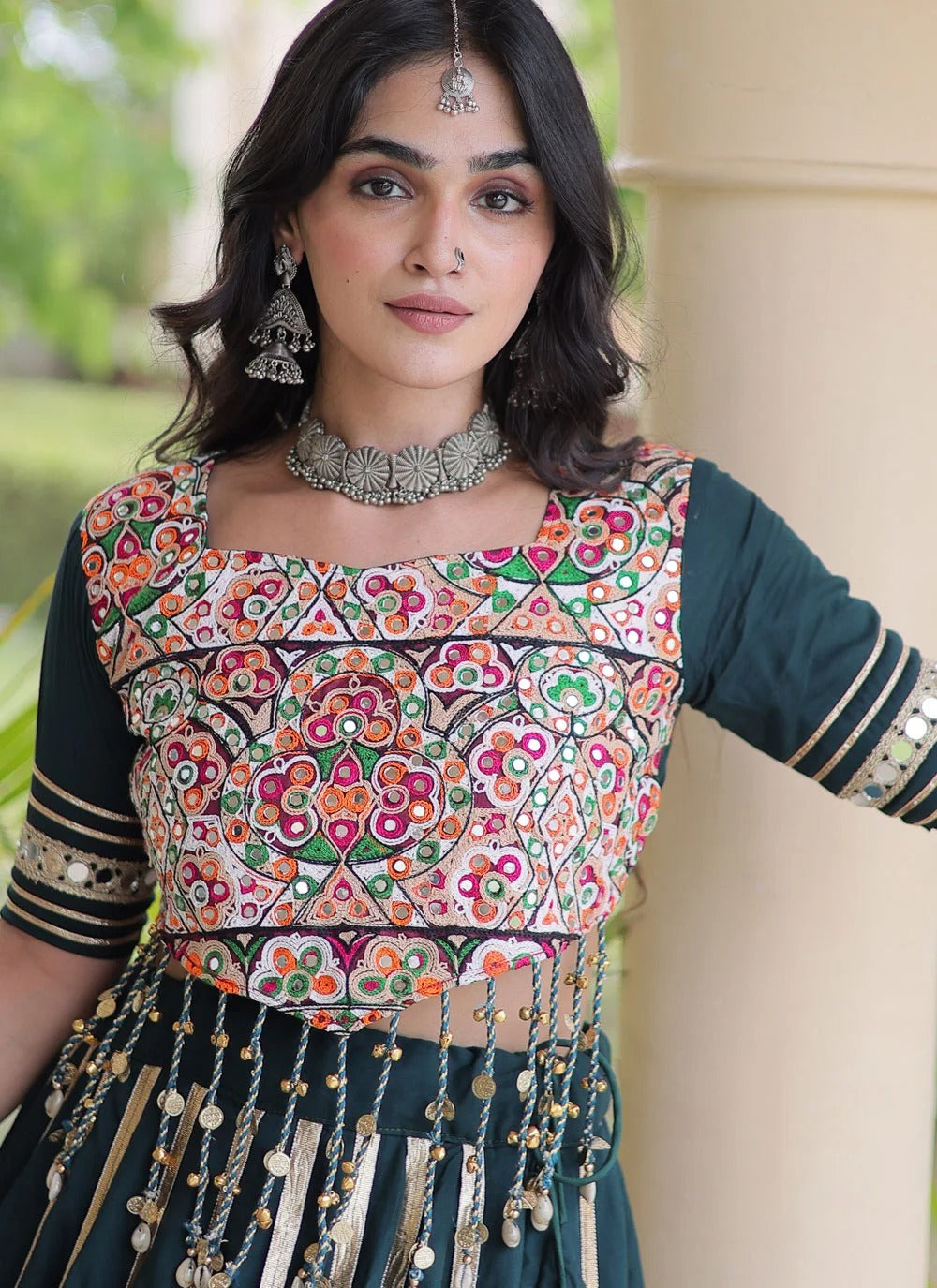 Green gamthi mirror work lehenga with gota patti lace