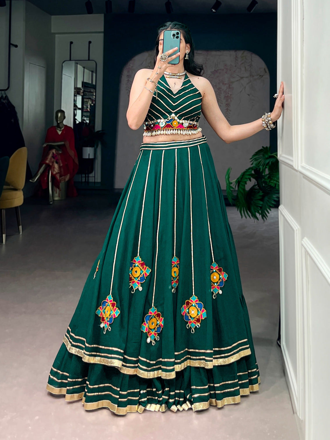 Green Gamthi Work Lehenga Choli
