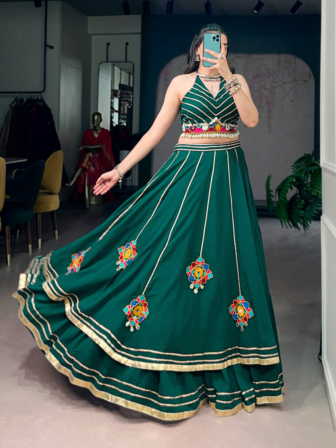 Green Gamthi Work Lehenga Choli