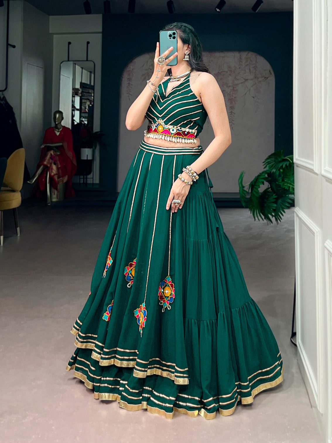 Green Gamthi Work Lehenga Choli