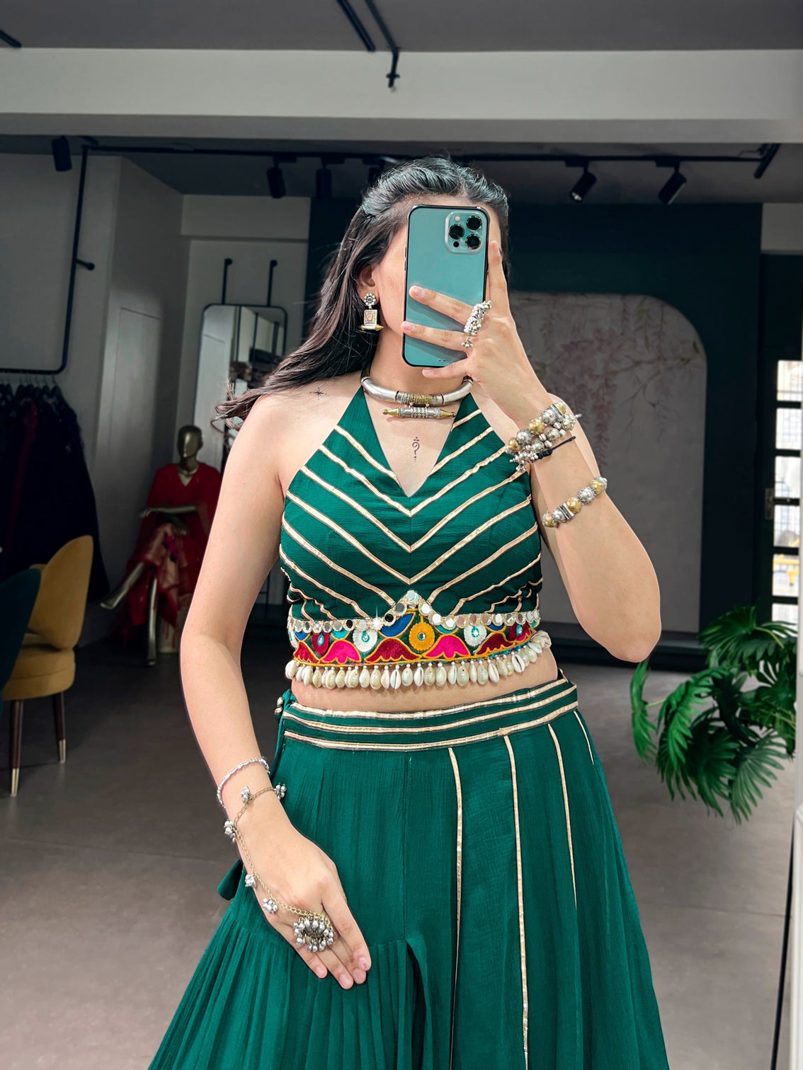 Green Gamthi Work Lehenga Choli