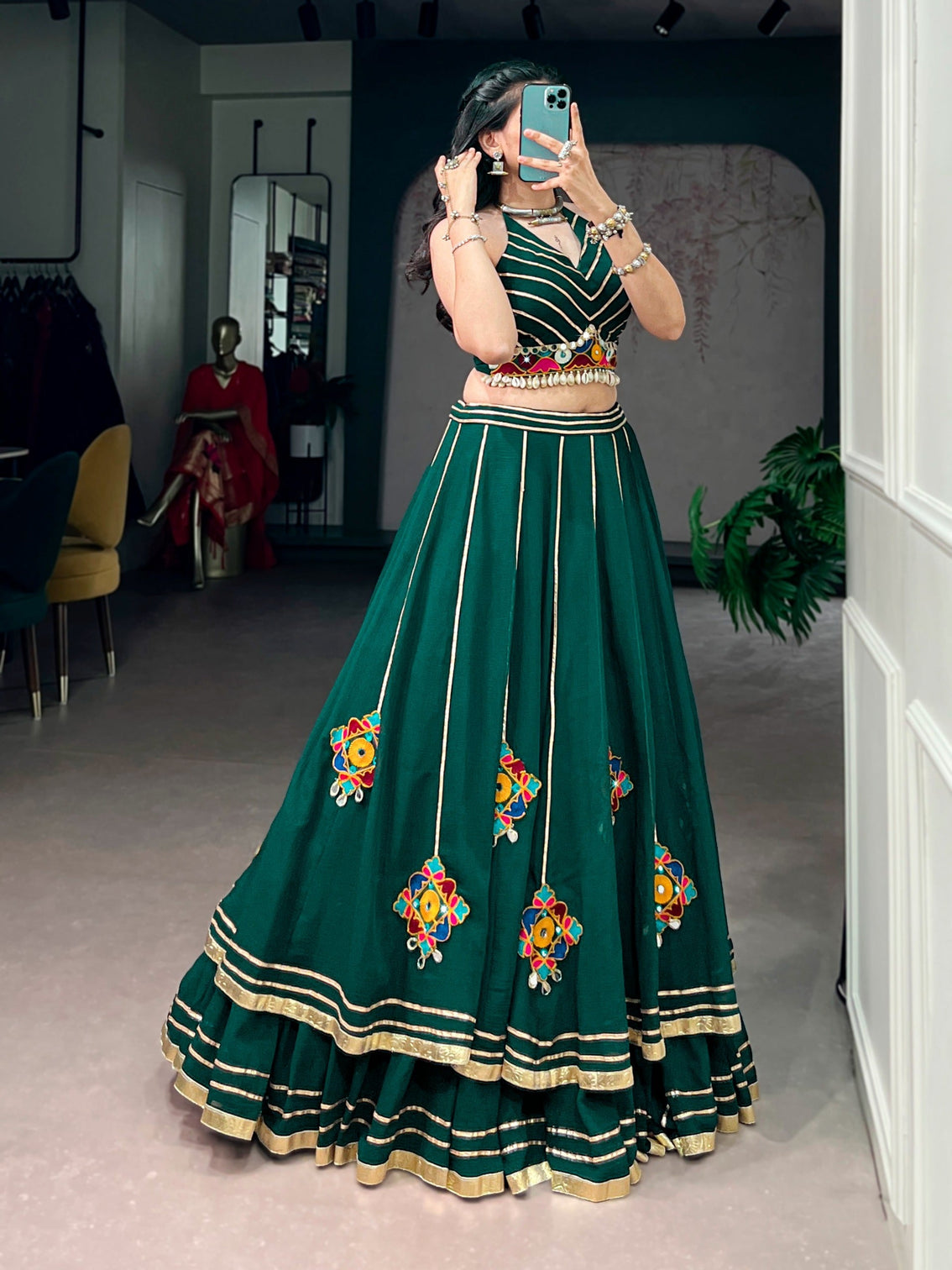 Green Gamthi Work Lehenga Choli
