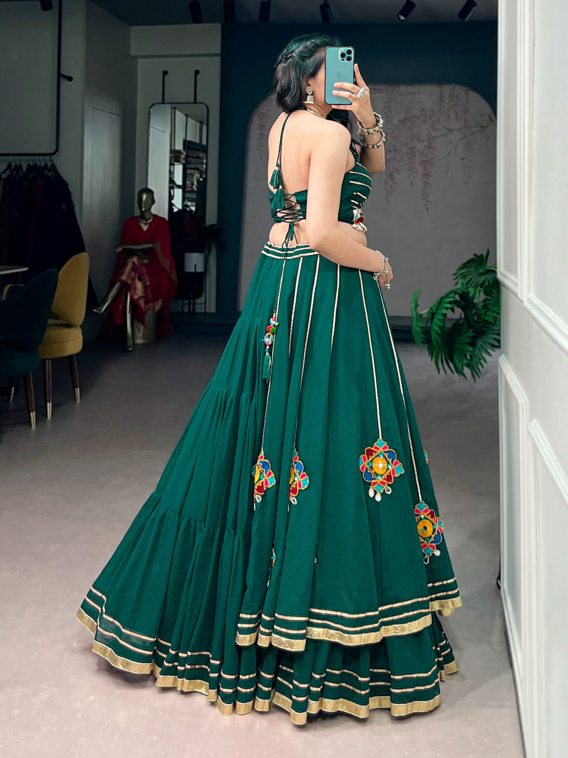 Green Gamthi Work Lehenga Choli