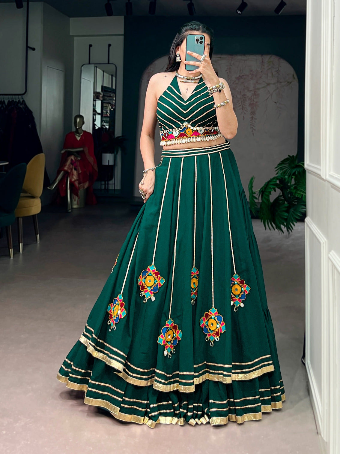 Green Gamthi Work Lehenga Choli