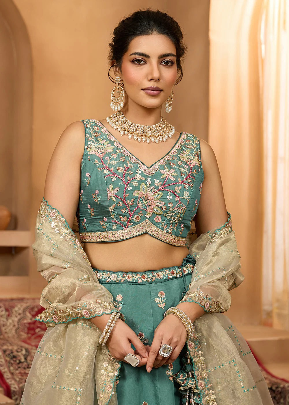 Radiant green georgette lehenga with sequins stone embroidery