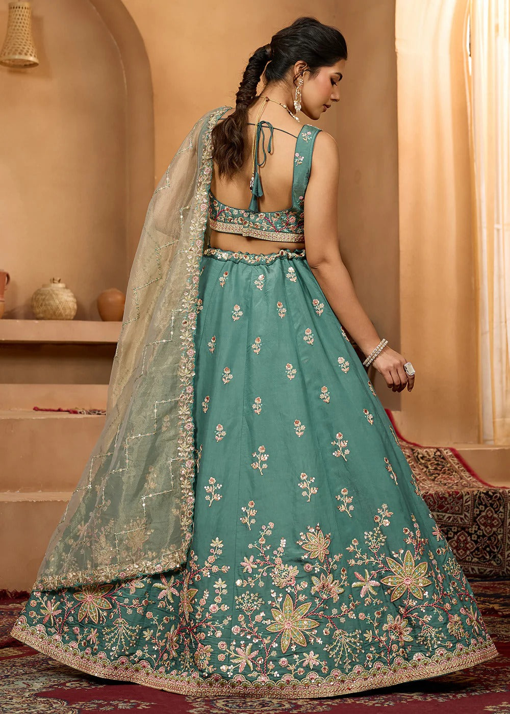 Radiant green georgette lehenga with sequins stone embroidery