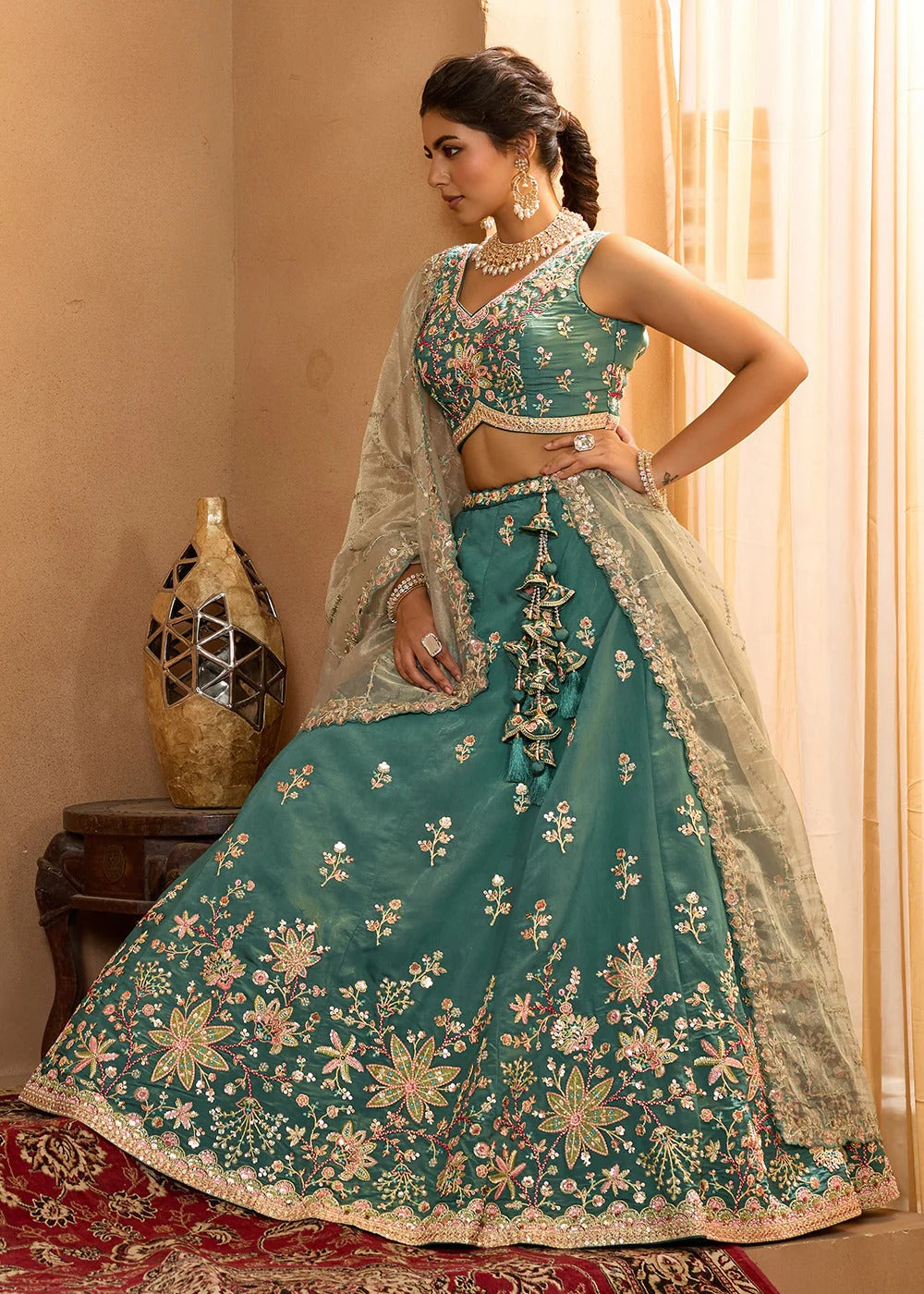 Radiant green georgette lehenga with sequins stone embroidery