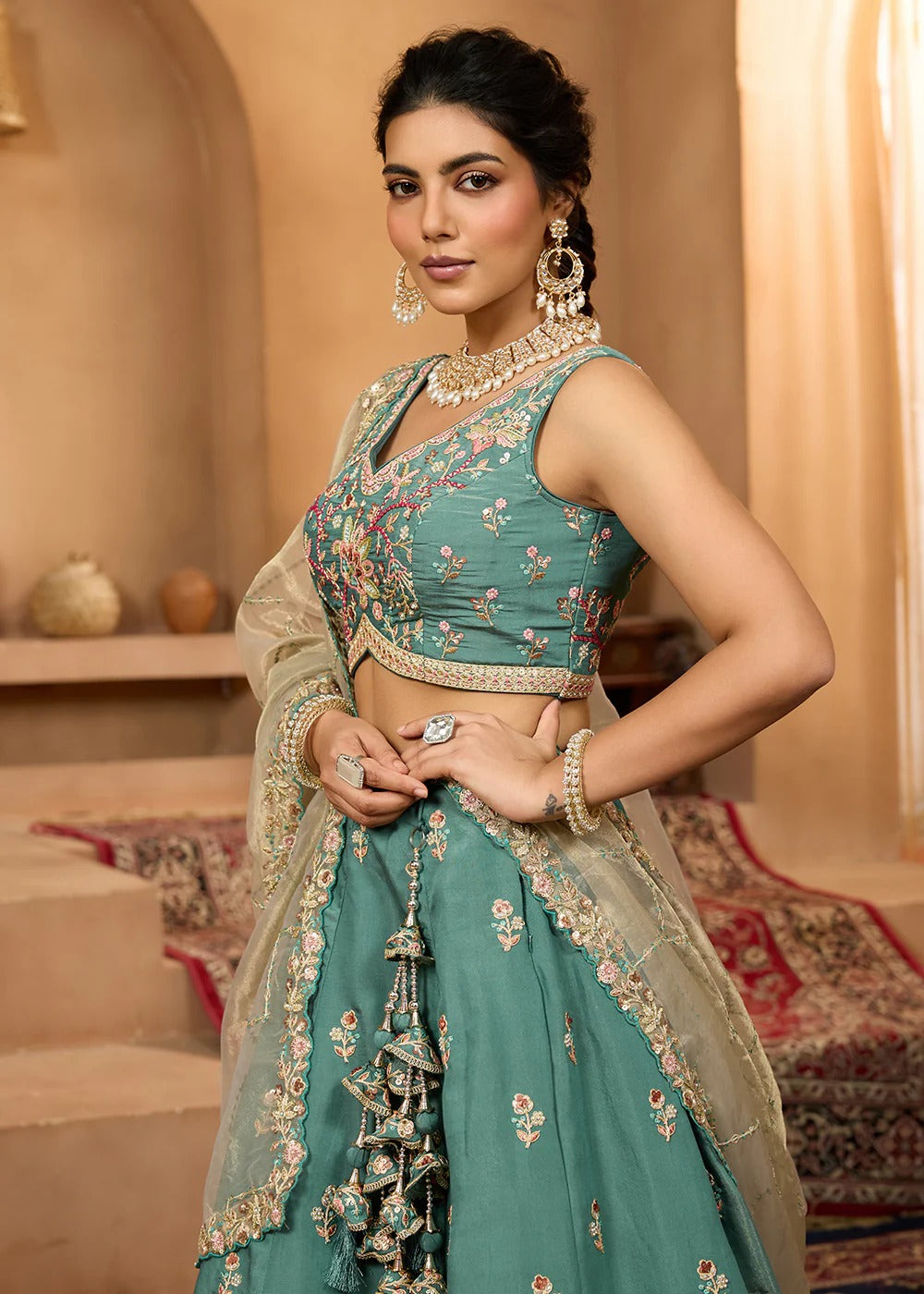 Radiant green georgette lehenga with sequins stone embroidery