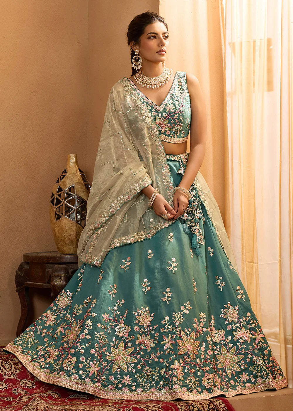 Radiant green georgette lehenga with sequins stone embroidery